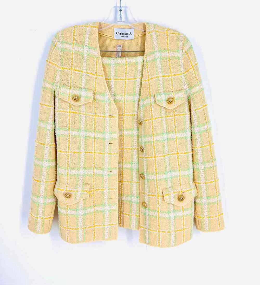 Christian A. Size S ? Yellow/Mint Plaid Tweed Designer Dress Set